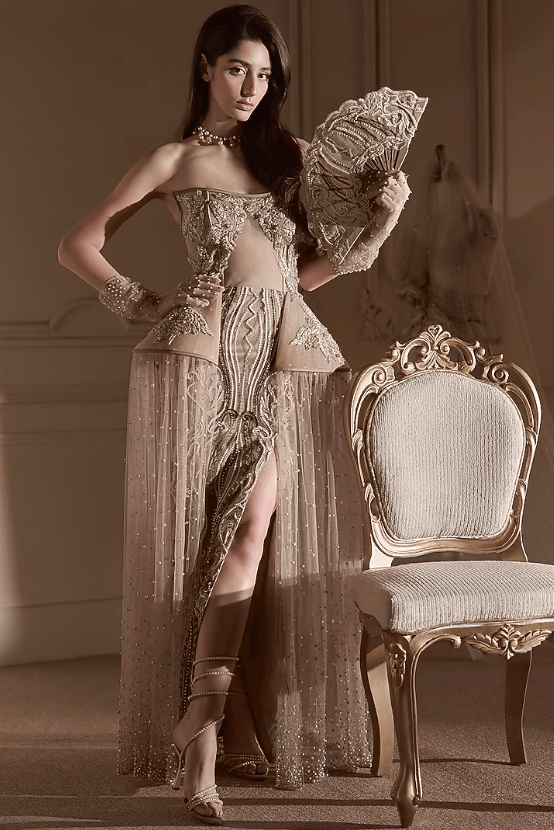 Beige Gold Tulle Embellished Strapless 'Gown