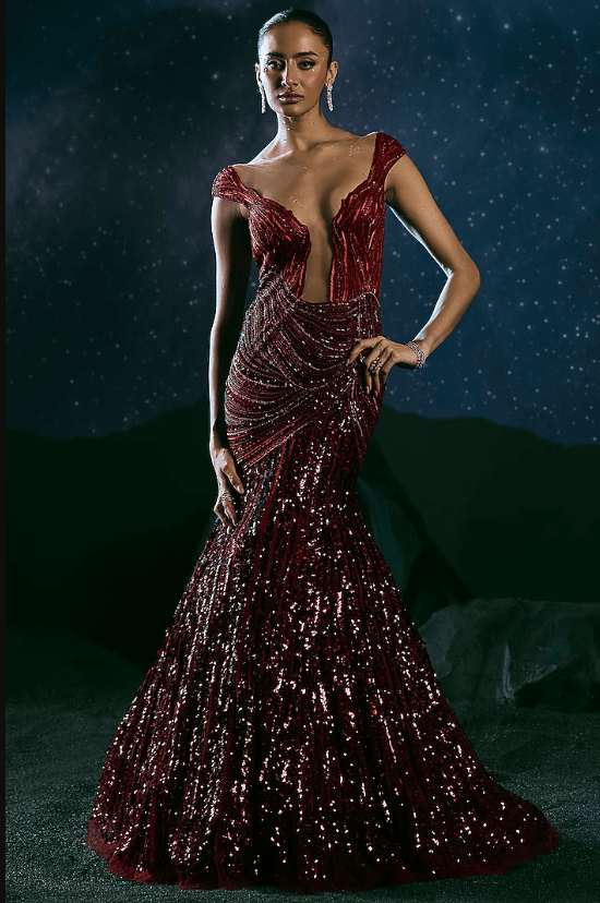 Red & Burgundy Italian Tulle Embellished Gown