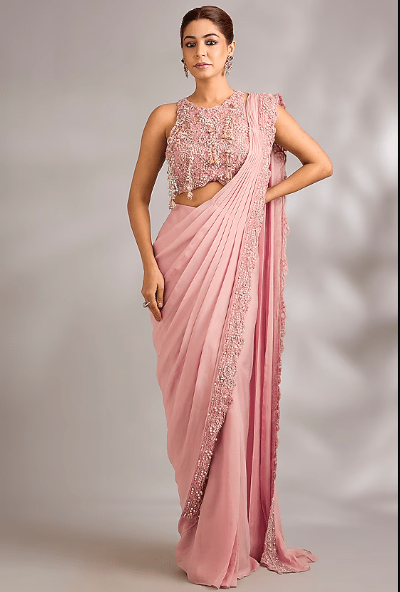 Blush Pink Organza Hand Embroidered Pre-Draped Saree Set