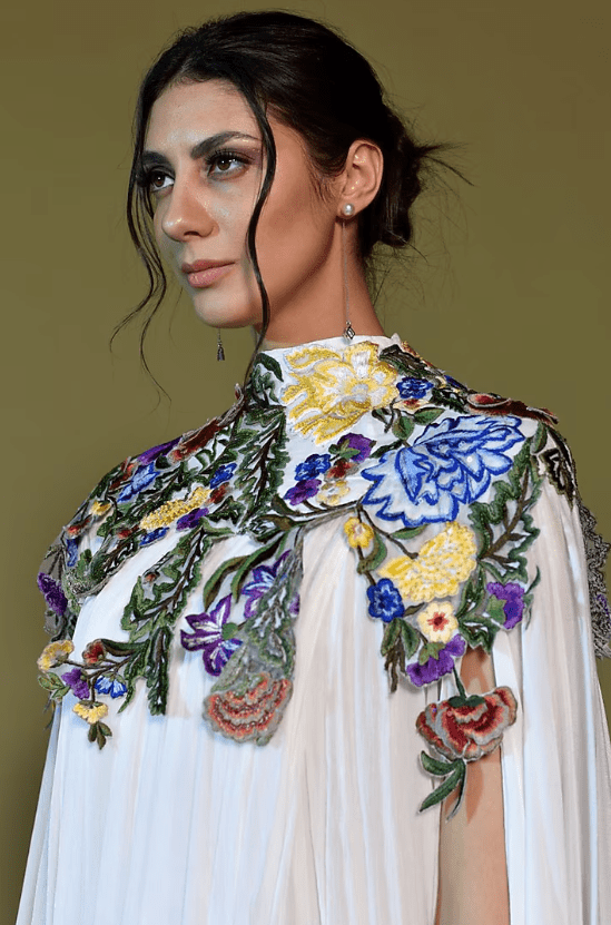 Off-White Chiffon Embroidered Kaftan Dress - Image 3