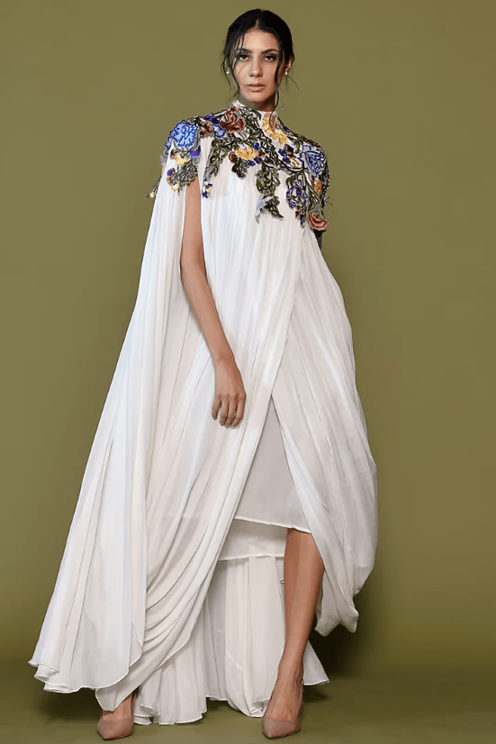 Off-White Chiffon Embroidered Kaftan Dress - Image 4