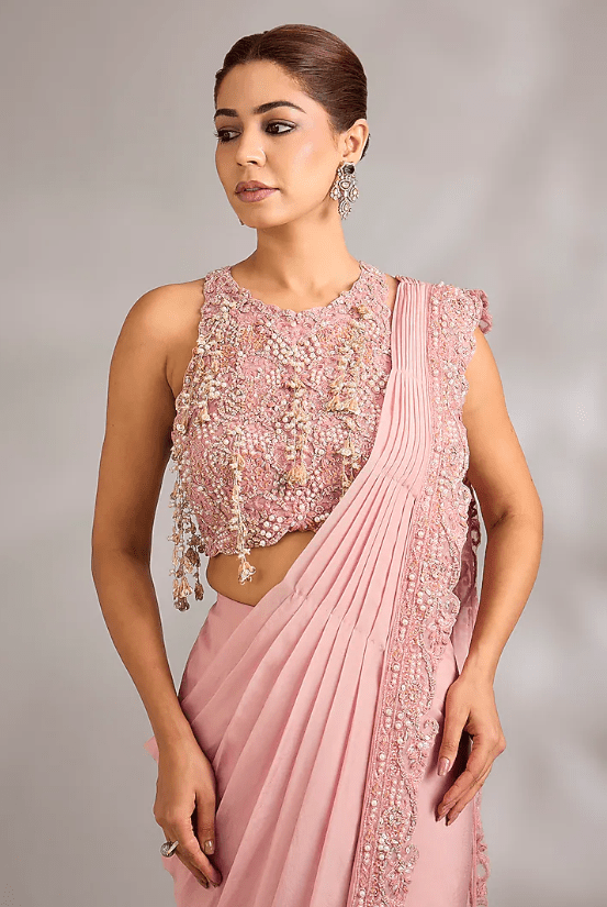 Blush Pink Organza Hand Embroidered Pre-Draped Saree Set - Image 4