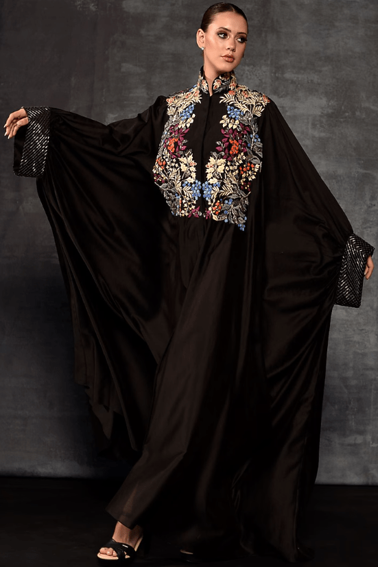 Black Cotton Silk Embroidered Kaftan