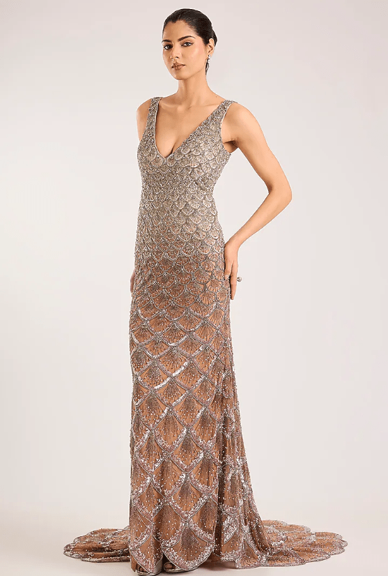 Ivory & Peach Italian Tulle & Silk Lycra Hand Embroidered Gown