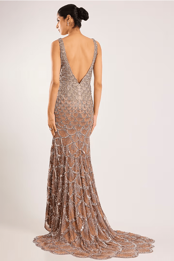 Ivory & Peach Italian Tulle & Silk Lycra Hand Embroidered Gown - Image 2