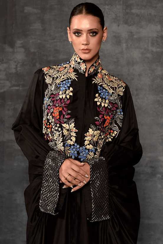 Black Cotton Silk Embroidered Kaftan - Image 3