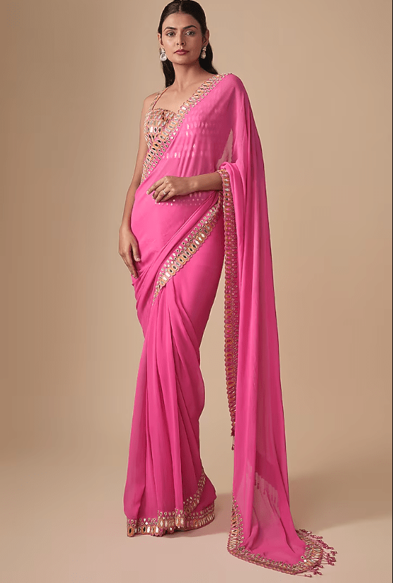 Pink Georgette & Net Embroidered Saree Set
