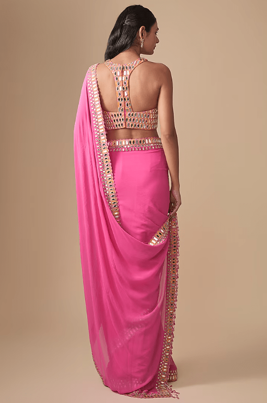 Pink Georgette & Net Embroidered Saree Set - Image 2