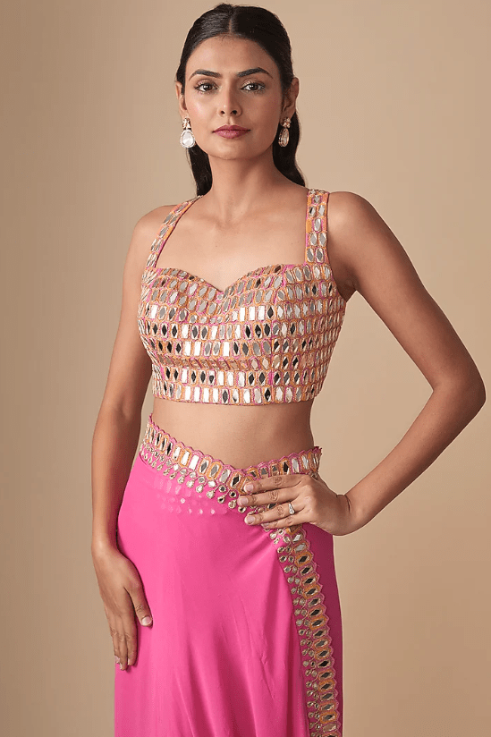 Pink Georgette & Net Embroidered Saree Set - Image 3