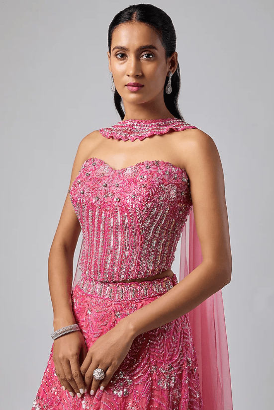 Fuchsia Pink Pure Organza Lehenga Set - Image 4