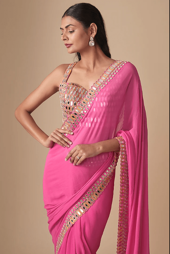 Pink Georgette & Net Embroidered Saree Set - Image 4