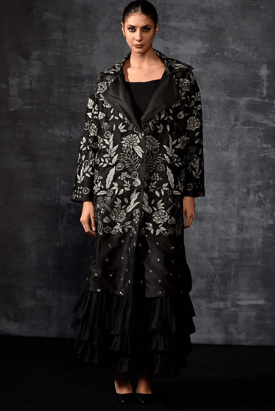 Black Linen Silk Embroidered Jacket Dress