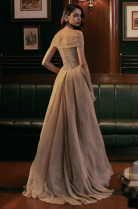 Rose Champagne Gold Italian Tulle Hand Embroidered Gown - Image 2