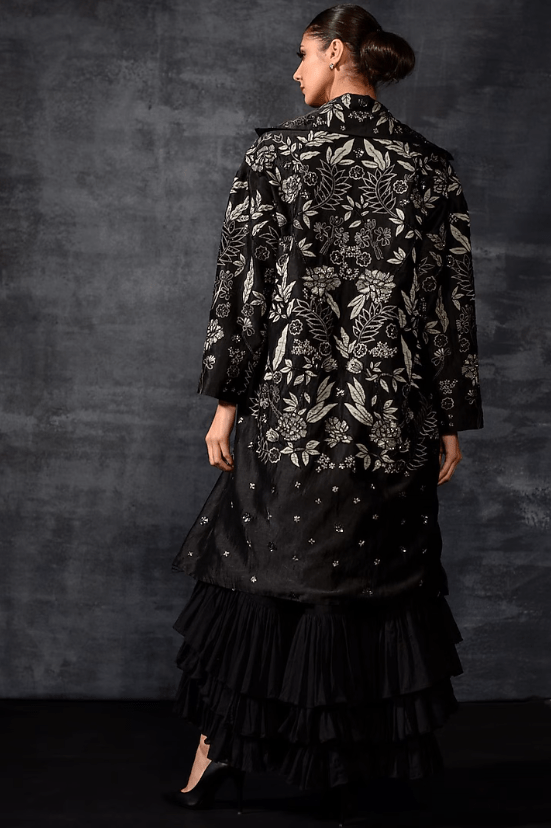 Black Linen Silk Embroidered Jacket Dress - Image 2