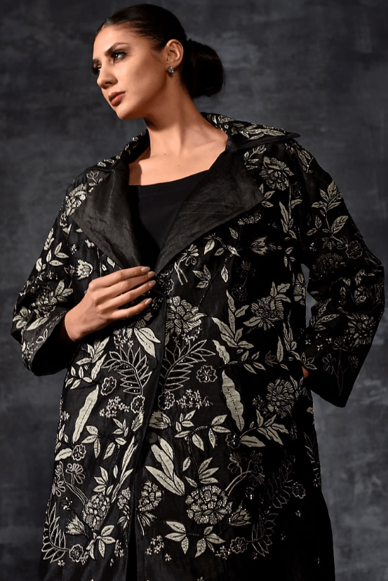 Black Linen Silk Embroidered Jacket Dress - Image 3