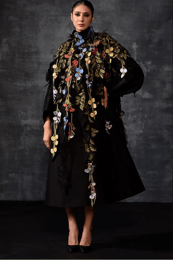 Black Cotton Silk Embroidered Cape Set