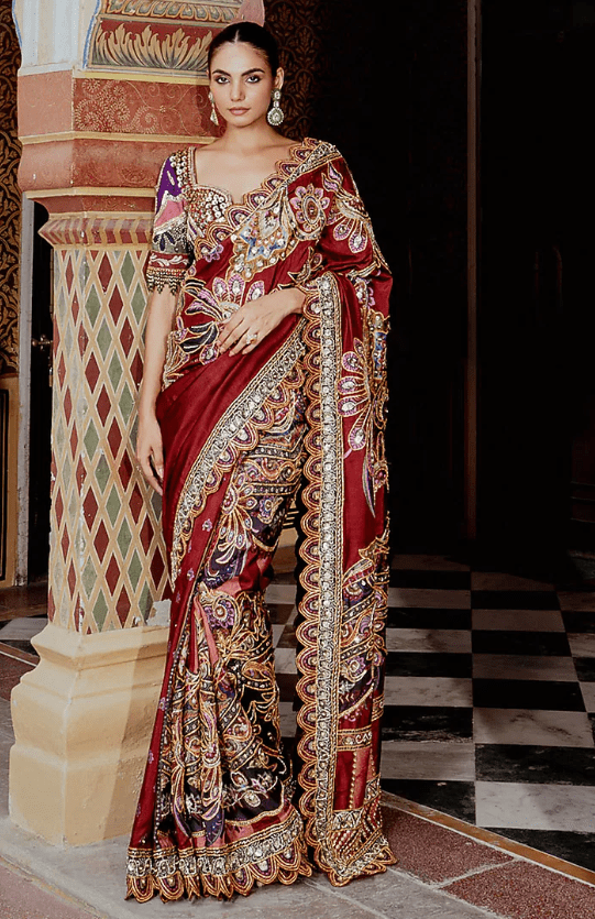 Multi-Colored Velvet Sequins Embroidered Saree Set