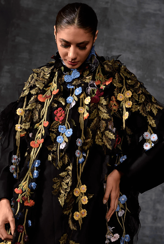Black Cotton Silk Embroidered Cape Set - Image 3