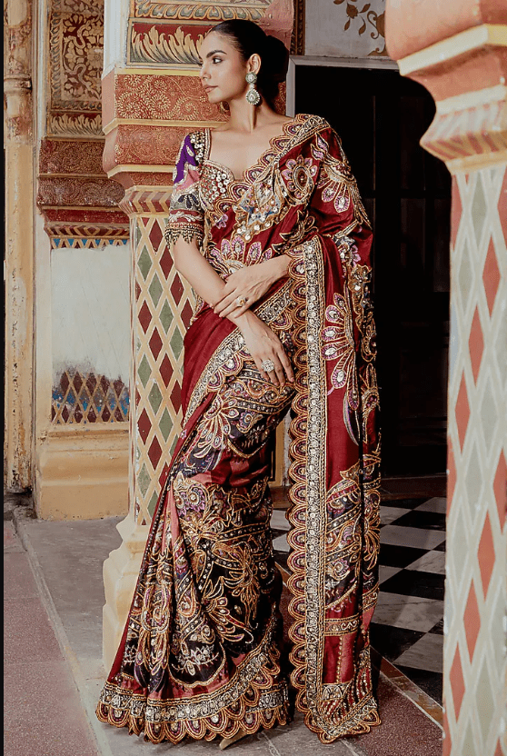 Multi-Colored Velvet Sequins Embroidered Saree Set - Image 3