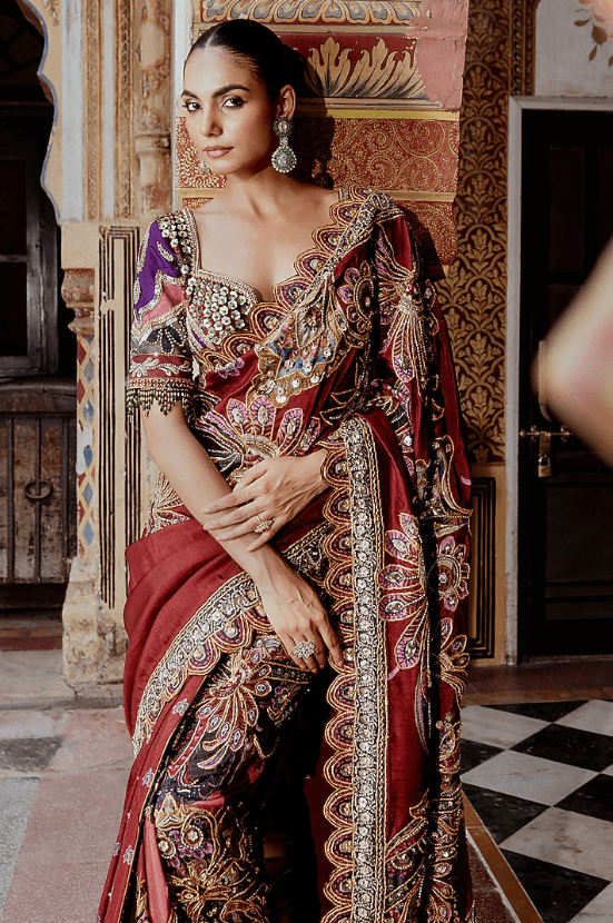 Multi-Colored Velvet Sequins Embroidered Saree Set - Image 5