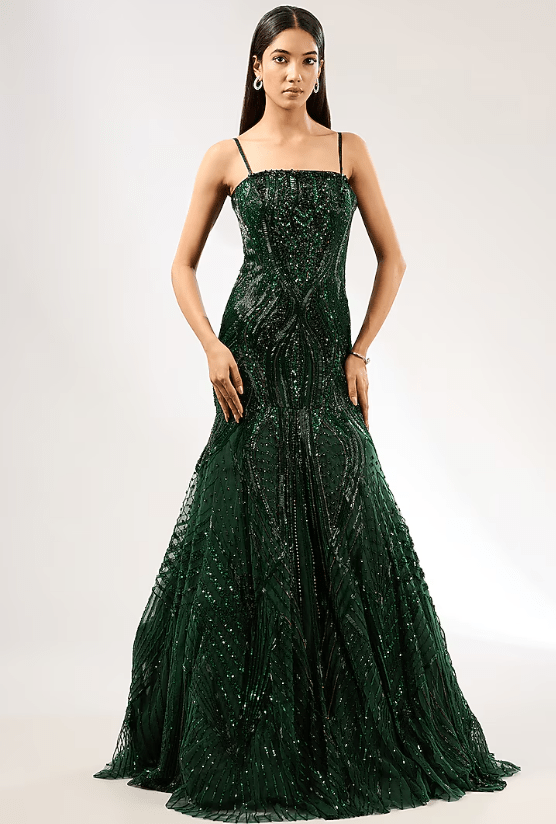 Emerald Green Italian Tulle Hand Embroidered Gown