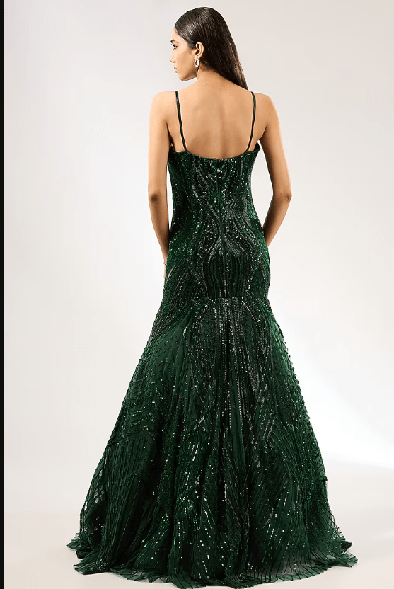 Emerald Green Italian Tulle Hand Embroidered Gown - Image 2