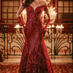 Red Italian Tulle Bead Hand Embroidered Gown