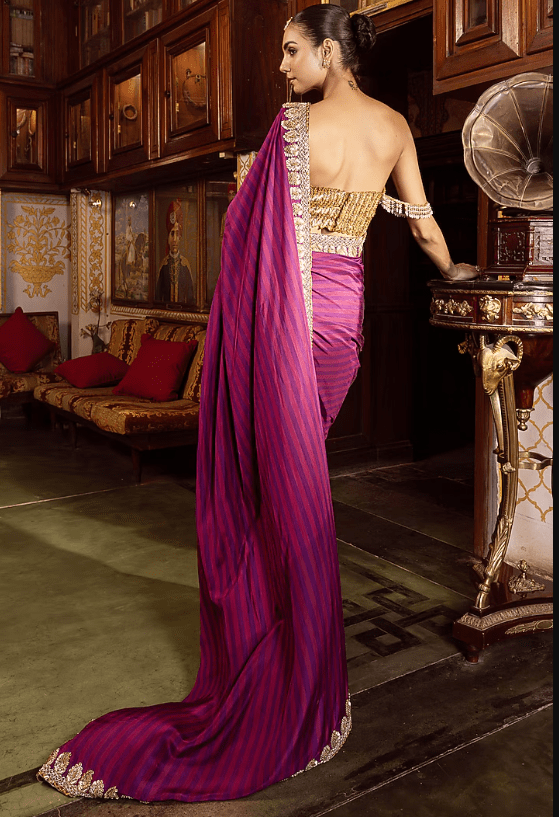 Purple Habutai Silk Sequins Embroidered Saree Set - Image 2