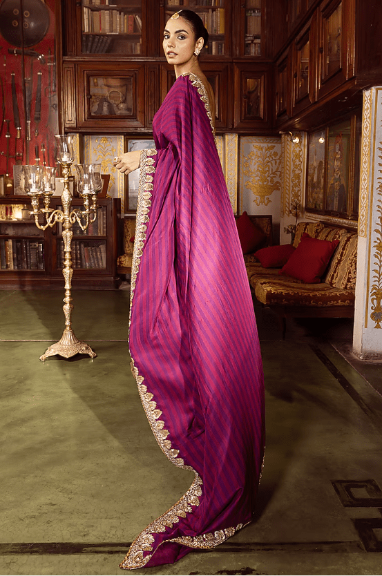 Purple Habutai Silk Sequins Embroidered Saree Set - Image 4