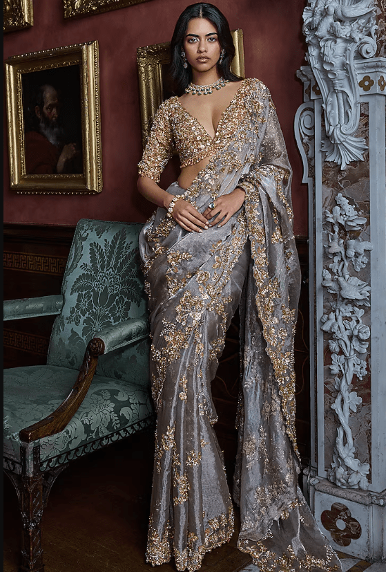 Gun Metal Tissue Organza Crystal Embellished Saree Set