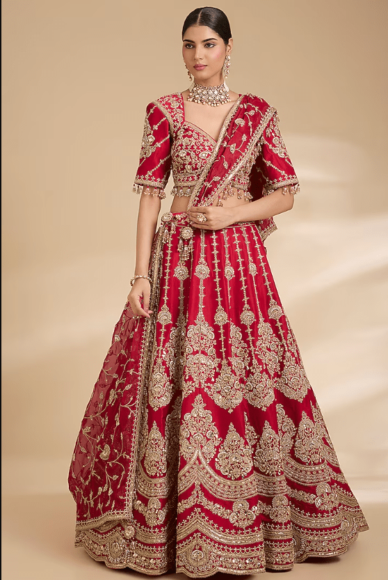 Desi Red Dupion Silk Marori Work Lehenga Set