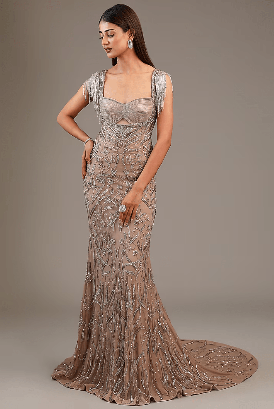 Champagne Gold Italian Tulle Glass Bead Embroidered Gown