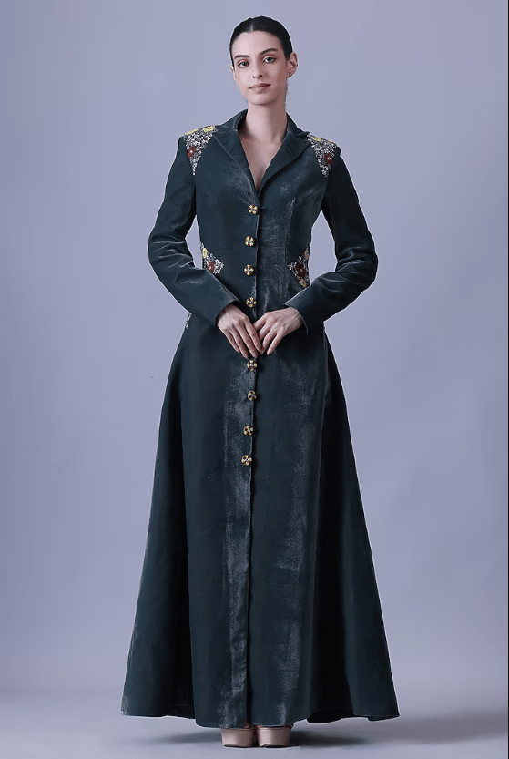 Deep Green Velvet Embroidered Gown