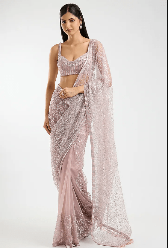 Blush Pink Net Sequins Saree Set