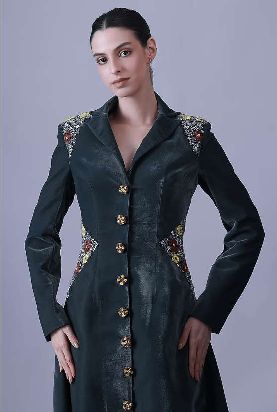Deep Green Velvet Embroidered Gown - Image 2