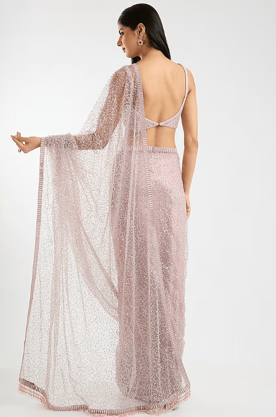 Blush Pink Net Sequins Saree Set - Image 2