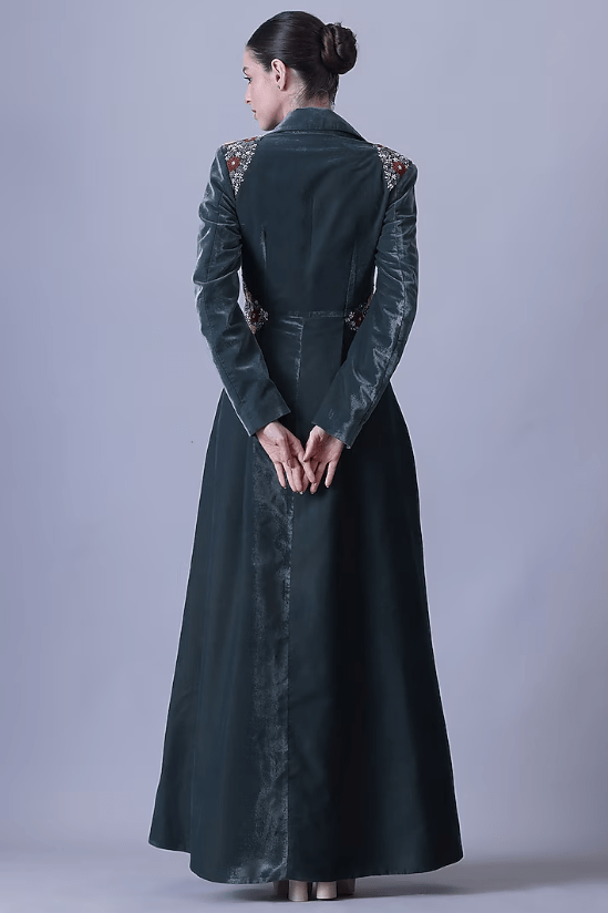 Deep Green Velvet Embroidered Gown - Image 3