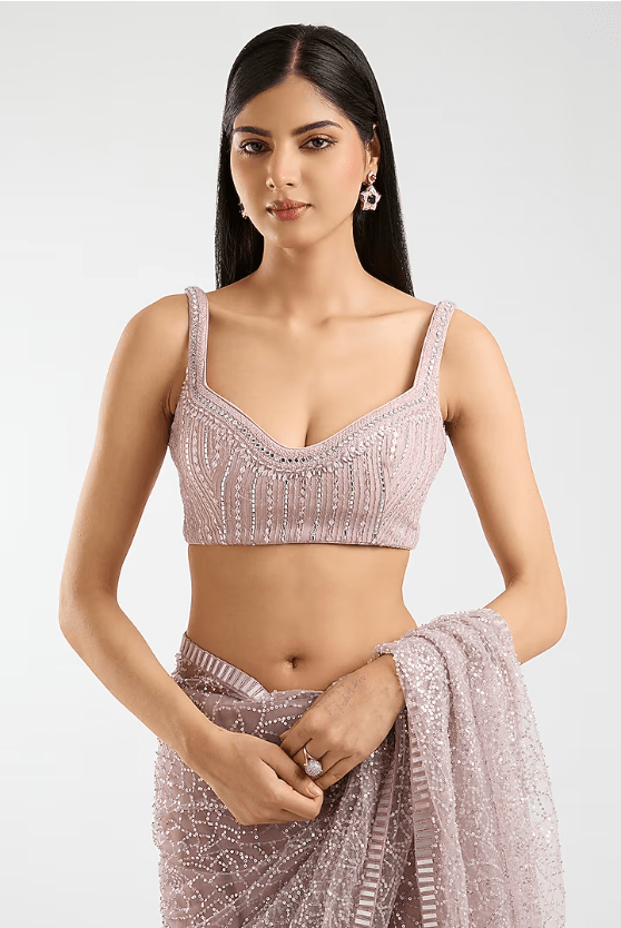 Blush Pink Net Sequins Saree Set - Image 3