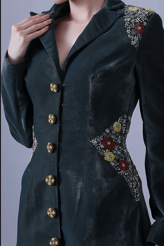Deep Green Velvet Embroidered Gown - Image 4