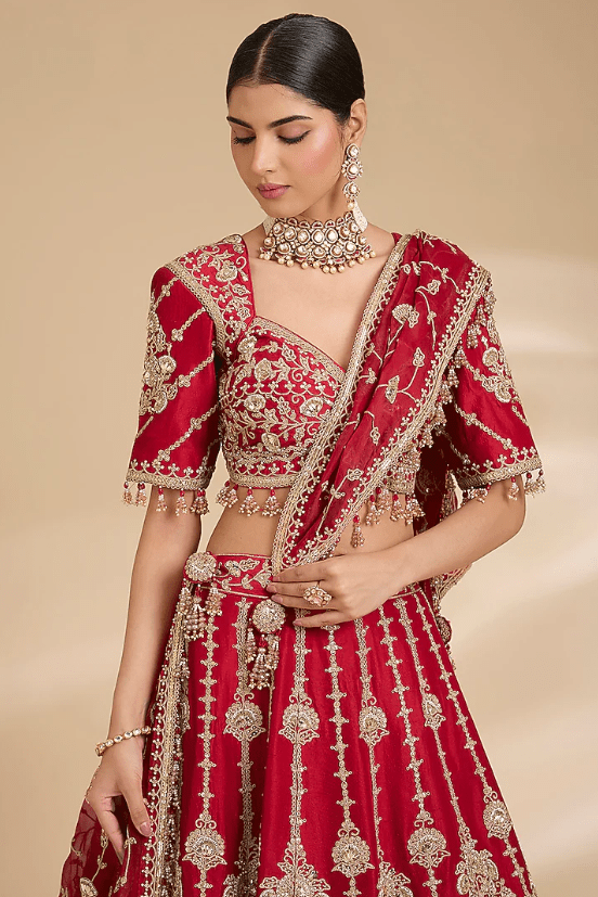 Desi Red Dupion Silk Marori Work Lehenga Set - Image 4
