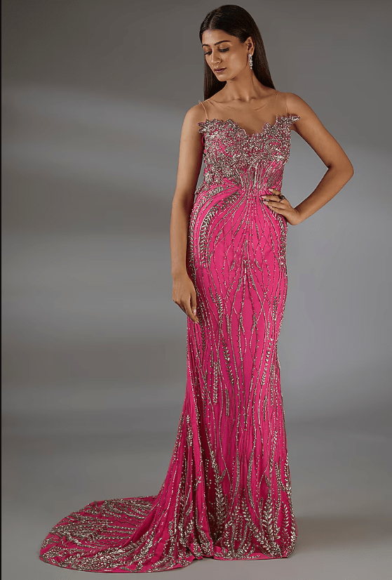 Hot Pink Italian Tulle 3D Floral Hand Embroidered Gown