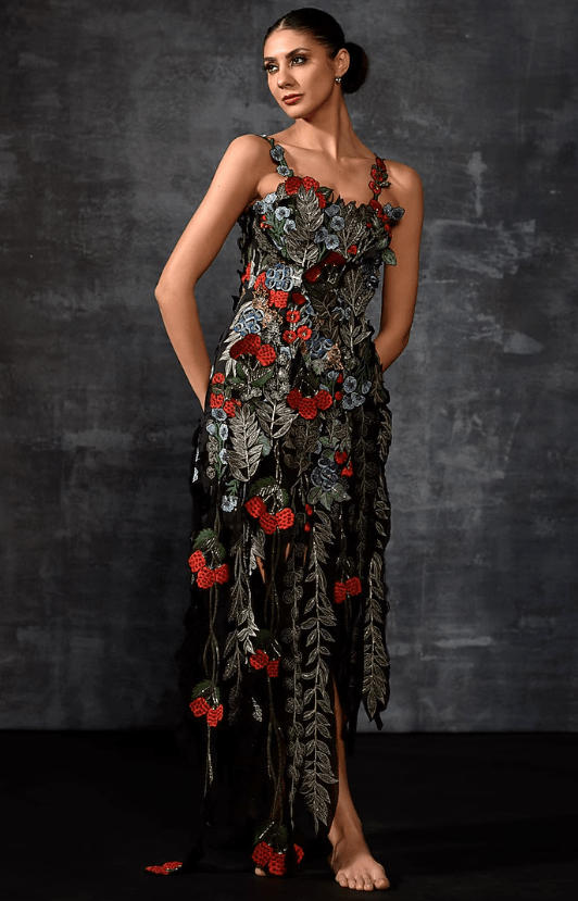 Black Cotton Silk & Organza Embroidered Gown