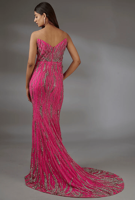 Hot Pink Italian Tulle 3D Floral Hand Embroidered Gown - Image 2