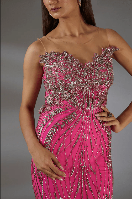 Hot Pink Italian Tulle 3D Floral Hand Embroidered Gown - Image 3