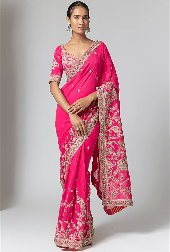 Fuchsia Pink Georgette Embroidered Saree Set