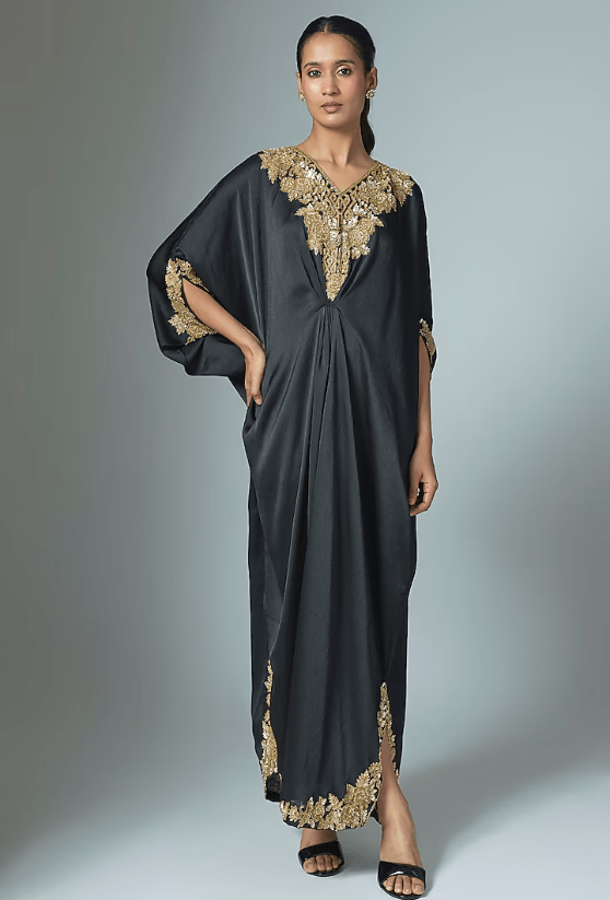 Black Crinkle Satin Cutdana & Seep Work Kaftan