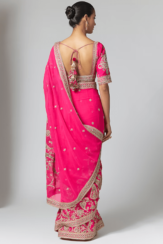 Fuchsia Pink Georgette Embroidered Saree Set - Image 2