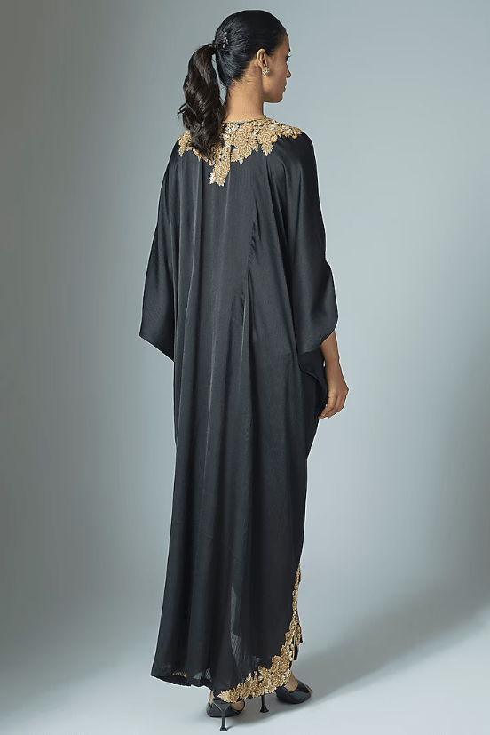Black Crinkle Satin Cutdana & Seep Work Kaftan - Image 2