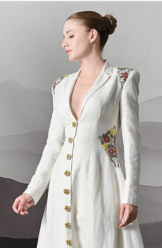 Ivory Linen Embroidered Maxi Dress - Image 3