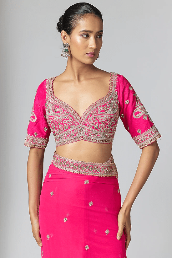Fuchsia Pink Georgette Embroidered Saree Set - Image 3
